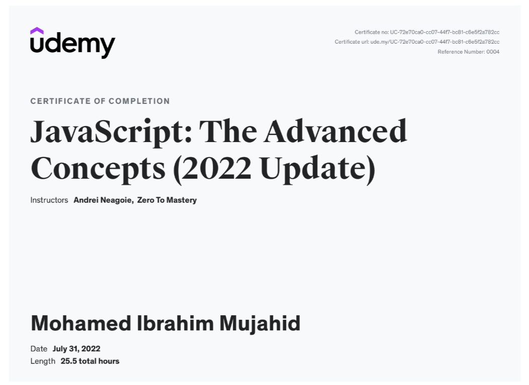Certificate for Advanced Javascript & OOP & Functional Programming