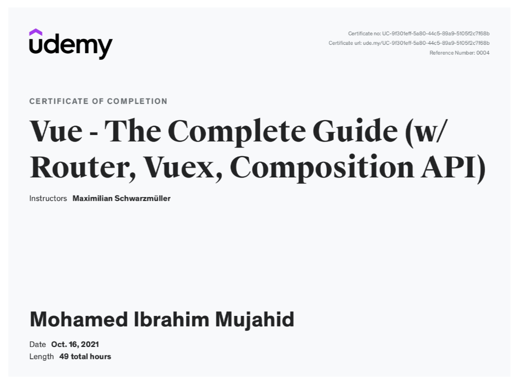 Certificate for Vue.JS V(2,3) Inc. VueRouter, Vuex, Composition API