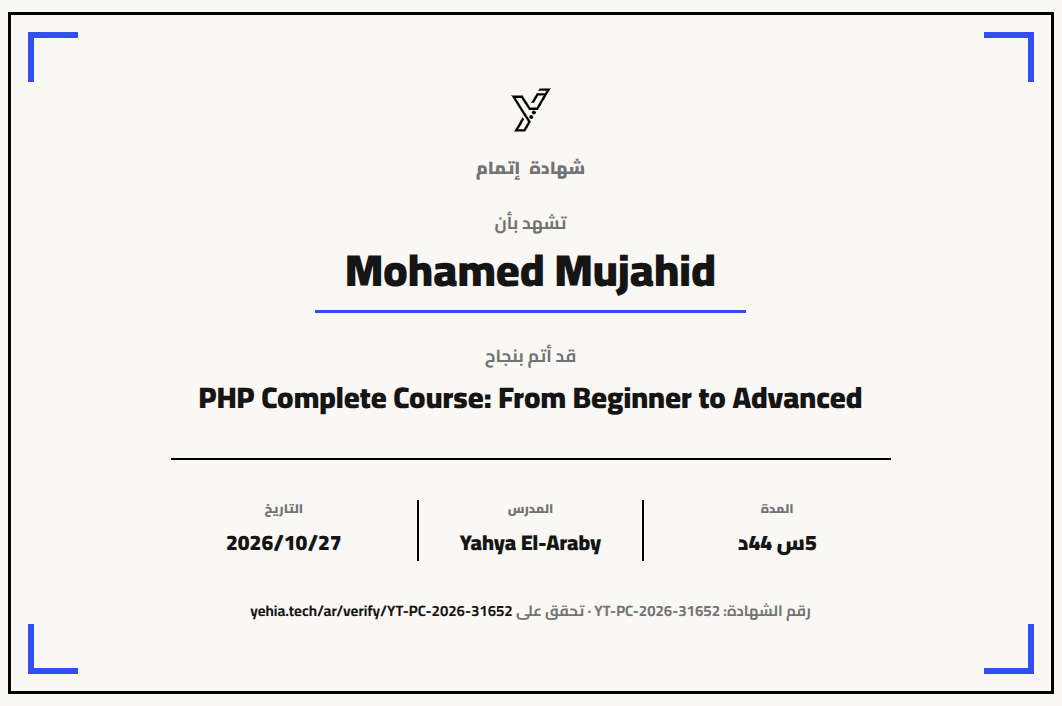 Certificate for PHP Fundementals  Yehia Tech