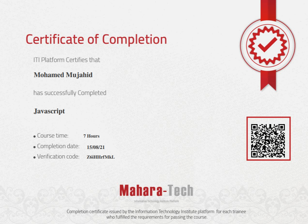Certificate for JavaScript Basics from ITI