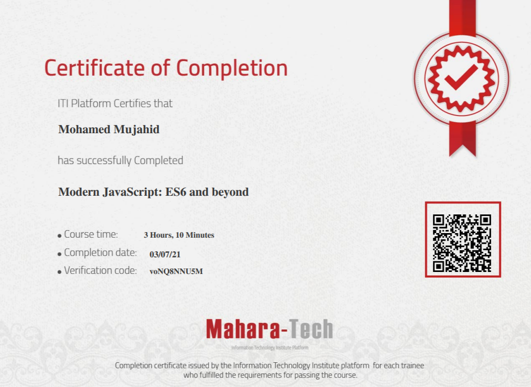 Certificate for Modern JavaScript & ECMA Script 6