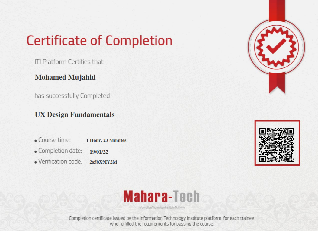 Certificate for UI & UX Basics From ITI